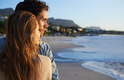 Buy stock photo Beach, romantic love and couple with view, outdoor wellness or travel vacation in Greece. Mockup space, relationship and face of marriage partner, soulmate or people looking at nature, sea or ocean