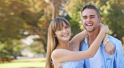 Buy stock photo Portrait, hug and couple in a park, love and romantic with relationship and bonding together. Face, man and woman with marriage and embrace with happiness and outdoor for a date with weekend break