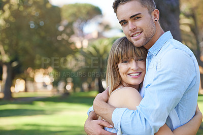 Buy stock photo Portrait, hug and couple with love, outdoor and happiness with marriage and bonding together. Face, embrace and man with woman and outdoor for a date with weekend break and summer with romance or joy