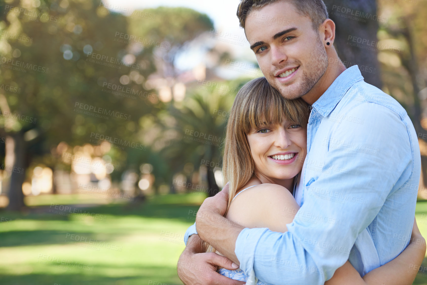 Buy stock photo Portrait, hug and couple with love, outdoor and happiness with marriage and bonding together. Face, embrace and man with woman and outdoor for a date with weekend break and summer with romance or joy
