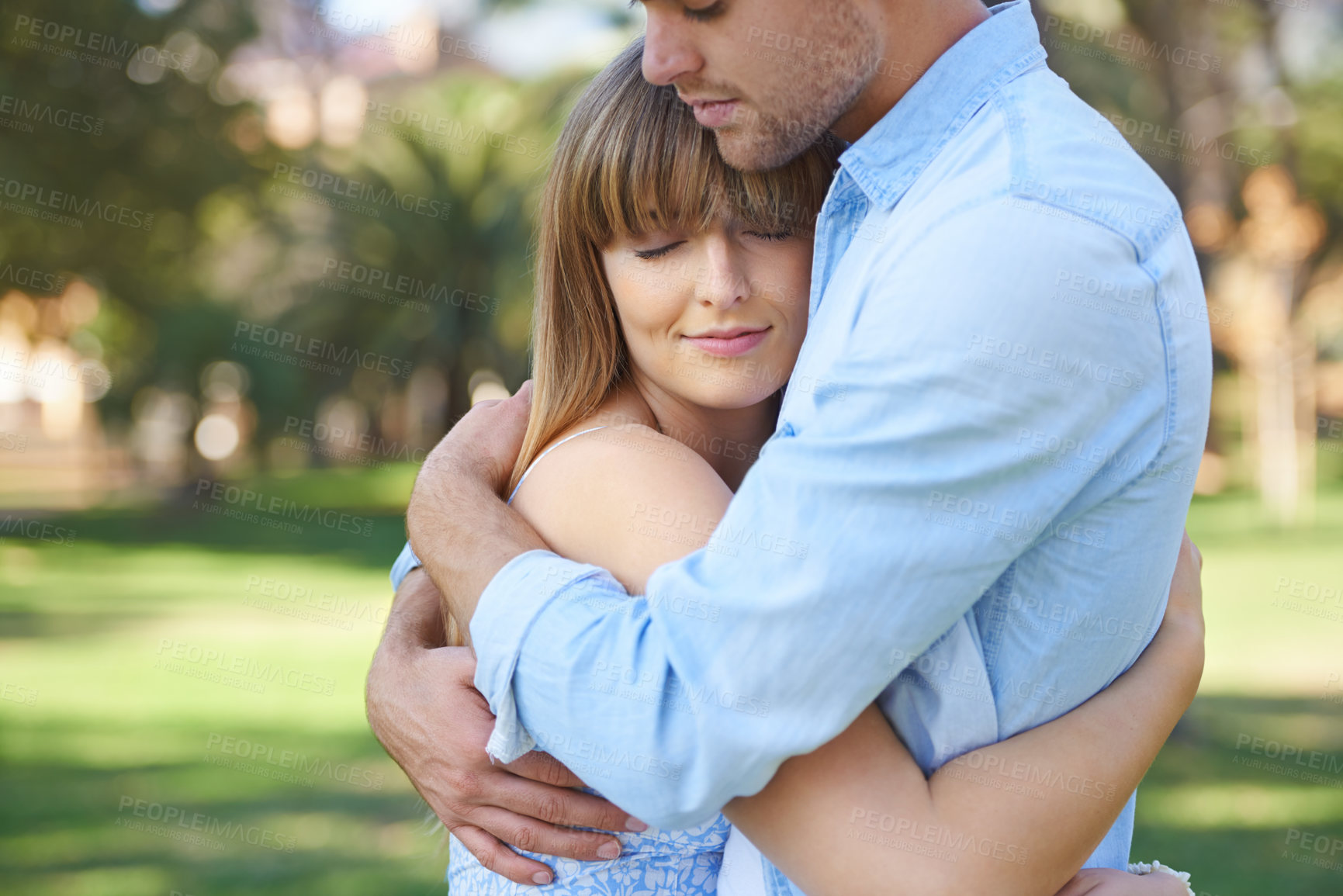 Buy stock photo Couple, hug in park and love outdoor for healthy relationship, commitment and peace together in nature. Trust, loyalty and respect with embrace, people in public garden for romantic date and calm