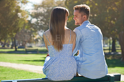 Buy stock photo Park, love and relax couple smile for outdoor sunshine, wellness and romantic date in nature. Happy, commitment and back of man, woman or people bonding together with care for relationship partner