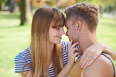 Buy stock photo Happiness, park and face of couple with love, affection and smile for romantic date in natural garden in Canada. Marriage, care and relax man, woman or people bonding in sweet moment with soulmate