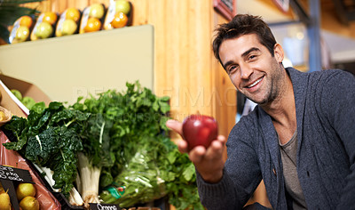 Buy stock photo Apple, portrait or happy man shopping at a supermarket for grocery promotions, sale or discounts deal. Smile, offer or customer buying groceries for healthy nutrition, organic fruits or diet choice 