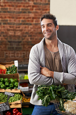 Buy stock photo Smile, healthy food or happy man shopping in supermarket for grocery sale or discounts deal. Arms crossed, thinking or customer buying fresh produce for diet nutrition, organic vegetables or spinach