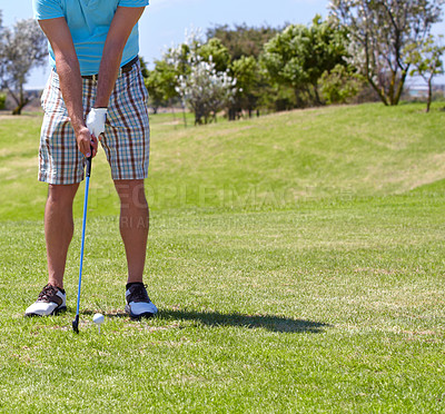 Buy stock photo Closeup, golf and man with a shot on the course, balance and fitness with a competition, health or playing. Zoom, male player or athlete on grass, golfer and match for wellness, sunshine and sports