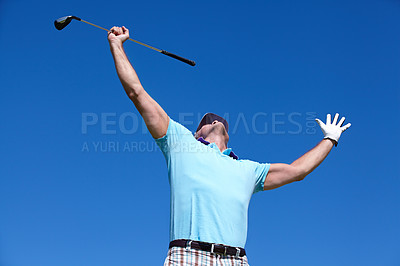 Buy stock photo Golf, winner and man with hands up in celebration on blue sky background, victory and excited. Sports, success and male golfer celebrating achievement, winning and training goal while playing outdoor