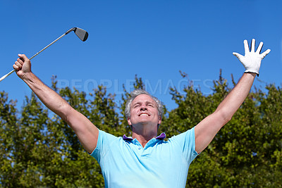 Buy stock photo Winner, sports and old man with hands up in golf celebration on blue sky background with smile. Champion, success and senior male golfer celebrating achievement, winning and training, game or goal