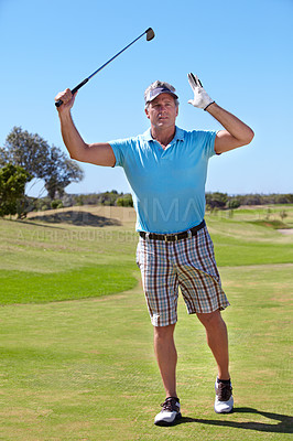 Buy stock photo Golfer man, mistake and game for sport, fitness and training for competition on grass pitch. Senior guy, golf course and disappointed person with bad shot, fail of frustrated on lawn for contest