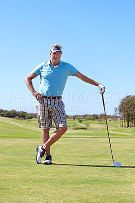 Buy stock photo Portrait, golf and old man with driver on a field for training, hobby and sports on blue sky background. Sports, face and active senior male golfer outdoor for retirement, fitness or practice game