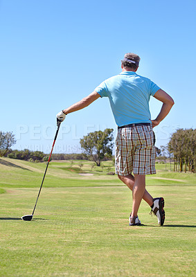 Buy stock photo Golf, rear view and old man with driver outdoor for training, hobby and sports on blue sky background. Club, behind and active senior male golfer on field for retirement fitness, match or practice