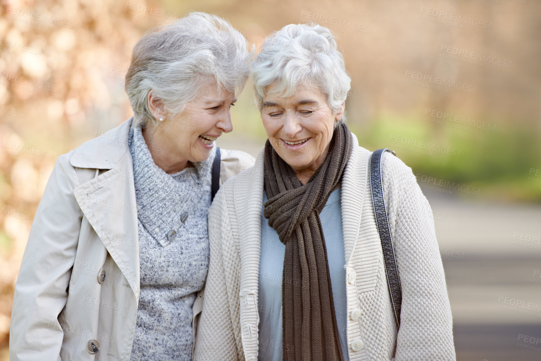 Buy stock photo Two senior women having a friendly conversation outside with autumn leaves in the background