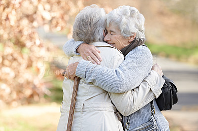Buy stock photo Nature, love and senior friends hugging for support, bonding or care in outdoor park or garden. Happy, smile and elderly women in retirement embracing for greeting, connection or trust in field.