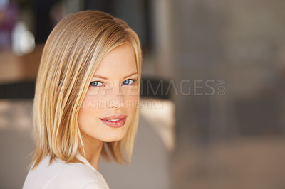 Buy stock photo Face, natural beauty of woman and confidence or proud in blurred background at home. Stylish, relaxed or elegance and a serious female person in closeup with mockup indoors at their house in Denmark