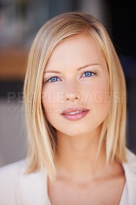 Buy stock photo Face, beauty and portrait of a woman with natural makeup, cosmetics and healthy glow on skin. Headshot of female model person from Canada with blue eyes and confidence for skincare motivation