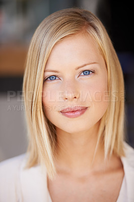Buy stock photo Beauty, face and portrait of woman with natural makeup, cosmetics and glow on skin. Headshot of female model person from Canada with blue eyes, blonde hair and confidence for skincare wellness