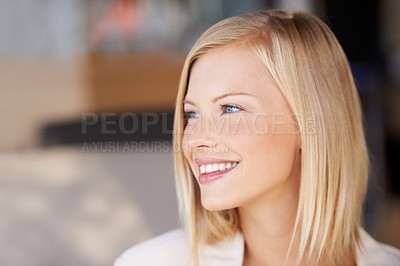 Buy stock photo Smile, thinking and beauty of a woman with natural makeup, cosmetics and glow on skin. Face of female model person think of idea and space for happiness, positive mindset and confidence headshot