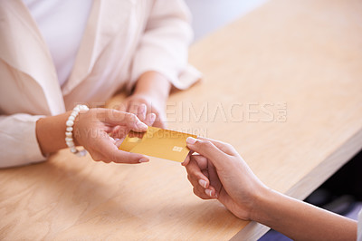 Buy stock photo Payment, shopping and hands of people with a credit card to pay for booking or reservation. Retail, customer and a woman giving for transaction, sales and paying for services at a store or reception