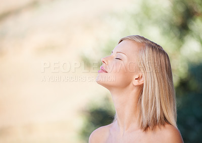 Buy stock photo Face, profile and beauty of a woman outdoor in nature for natural makeup, dermatology or cosmetic. Person smelling air or happy about sustainable skincare, self care or healthy skin glow mockup