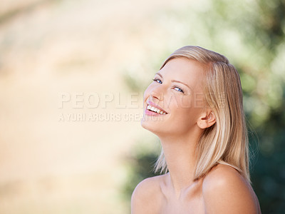 Buy stock photo Portrait, woman and natural beauty or skincare, wellness and dermatology treatment on outdoor blurred background. Girl, happy and spa, facial care or confidence, fresh skin glow and bokeh mockup