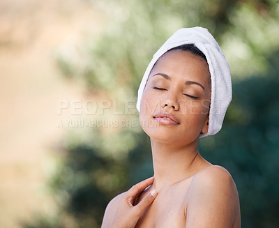 Buy stock photo Nature, towel and young woman at spa for skincare, wellness or healthy skin treatment. Beauty, outdoor and face of calm female person with cosmetic, body or dermatology routine at salon resort.