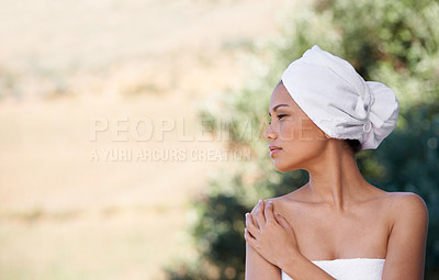 Buy stock photo Spa, beauty therapy and woman outdoor in towel for health, skincare touch and wellness. Relax, body and young person at salon for pamper treatment, peace and girl thinking of nature resort mockup