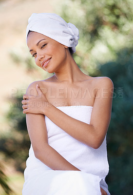 Buy stock photo Spa, therapy and portrait of happy woman outdoor in towel for health, skincare touch and wellness. Relax, body and young person at salon for beauty massage treatment, peace and calm of girl in nature
