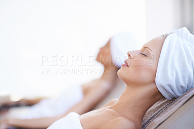 Buy stock photo Relax, spa and woman with beauty, massage and skincare with wellness, health and luxury treatment. Female person, girls and clients on a weekend break, resort and peace with customer and cosmetics