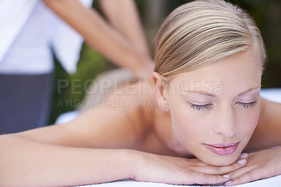 Buy stock photo Woman, massage therapist and sleeping for treatment, back and spa for wellness and stress relief therapy. Face, masseuse and relaxing in resort, peaceful and hands for luxury bodycare and tranquility