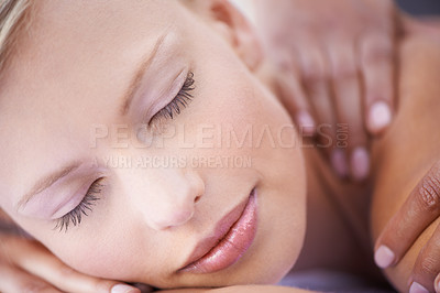 Buy stock photo Woman, relax and back massage in spa for health, wellness and peace with hands for physical therapy. Person, comfort and masseuse for body treatment with zen, rest and detox on bed in holiday resort