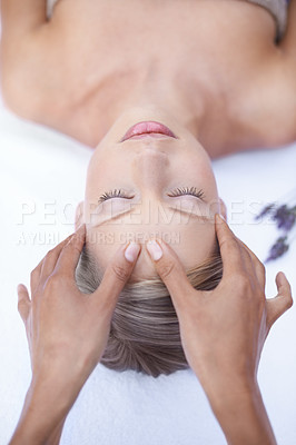 Buy stock photo Relax, massage and hands on face, woman in spa for health, wellness and luxury treatment with eyes closed. Beauty salon, professional skin care therapist and healthy facial, girl on table from above.