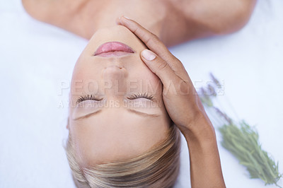 Buy stock photo Relax, luxury facial and massage, woman in salon for health, wellness and beauty treatment with eyes closed. Spa, professional skin care therapist hand on face of girl and natural cosmetic therapy.