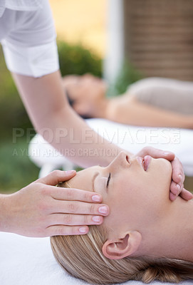 Buy stock photo Relax, facial massage and acupressure, women at spa for health, wellness and luxury skincare treatment. Beauty salon, professional skin care therapist and healthy face of woman with cosmetic therapy.