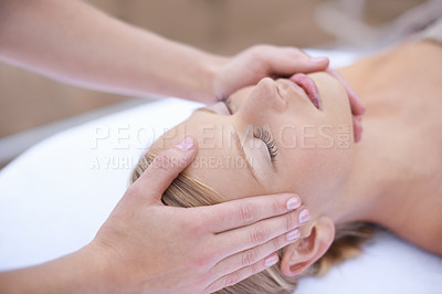 Buy stock photo Relax, massage and acupressure on face, woman at spa for health and wellness in luxury skincare treatment. Beauty salon, professional skin care therapist and girl with healthy cosmetic therapy facial