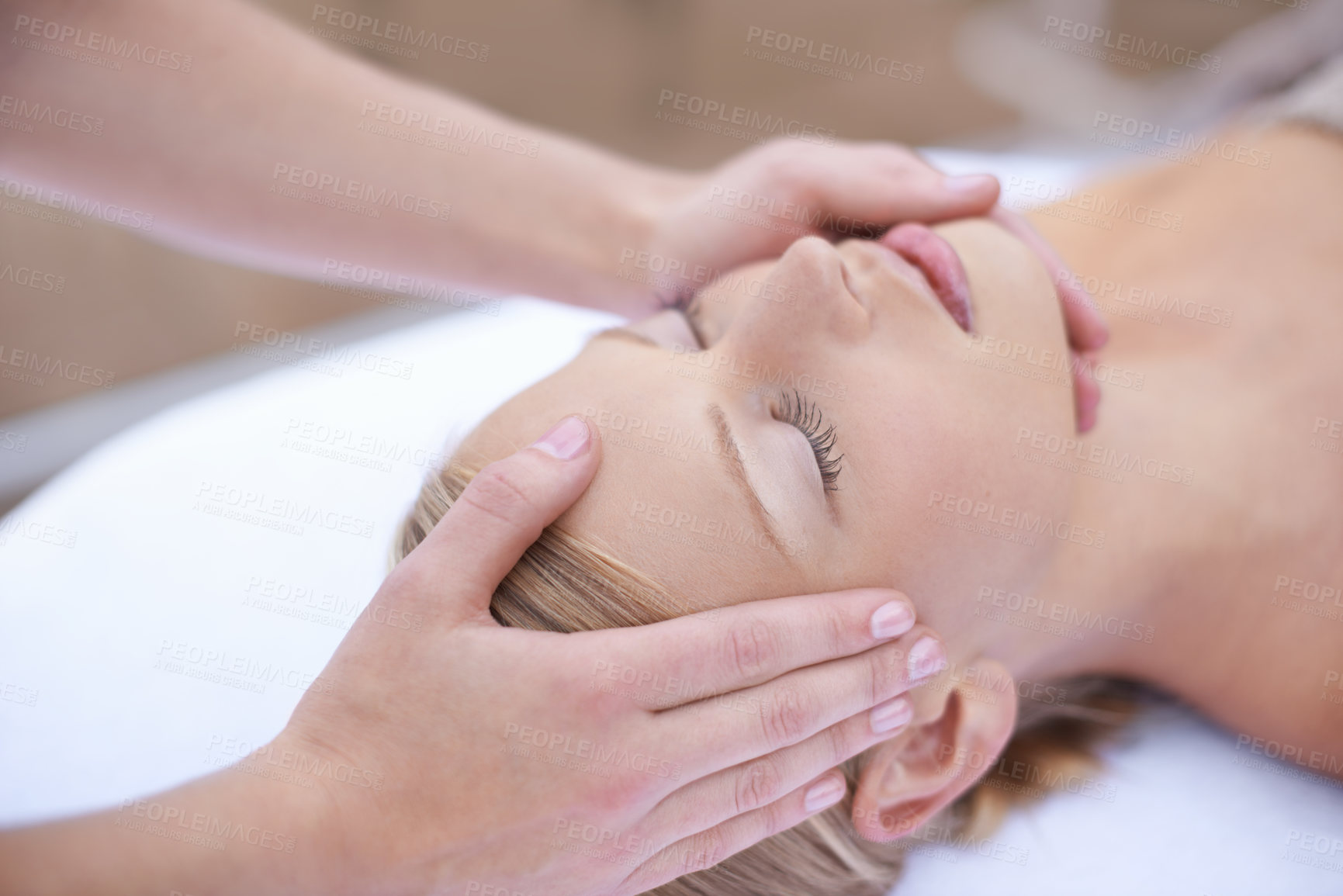 Buy stock photo Relax, massage and acupressure on face, woman at spa for health and wellness in luxury skincare treatment. Beauty salon, professional skin care therapist and girl with healthy cosmetic therapy facial