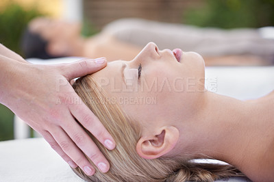 Buy stock photo Relax, facial massage, women at reiki spa for health, wellness and luxury treatment with eyes closed. Beauty salon, professional skin care therapist and healthy face of woman with cosmetic therapy.