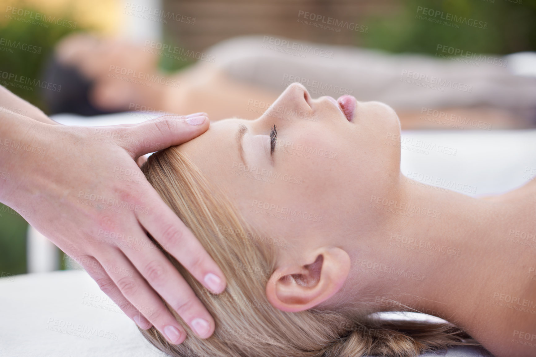 Buy stock photo Relax, facial massage, women at reiki spa for health, wellness and luxury treatment with eyes closed. Beauty salon, professional skin care therapist and healthy face of woman with cosmetic therapy.