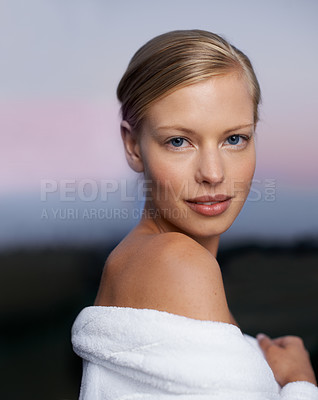 Buy stock photo Woman, portrait and spa beauty outdoor with skincare and facial treatment at sunset with skin glow. Hotel, wellness and female person from Switzerland with cosmetics, resort and relax at dusk 