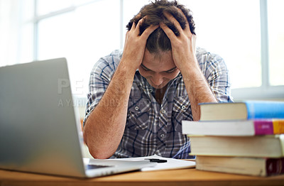 Buy stock photo Student, headache and stress for education, college or e learning test, bad results or time management fail. Man with anxiety, depression and confused or frustrated for university research on laptop