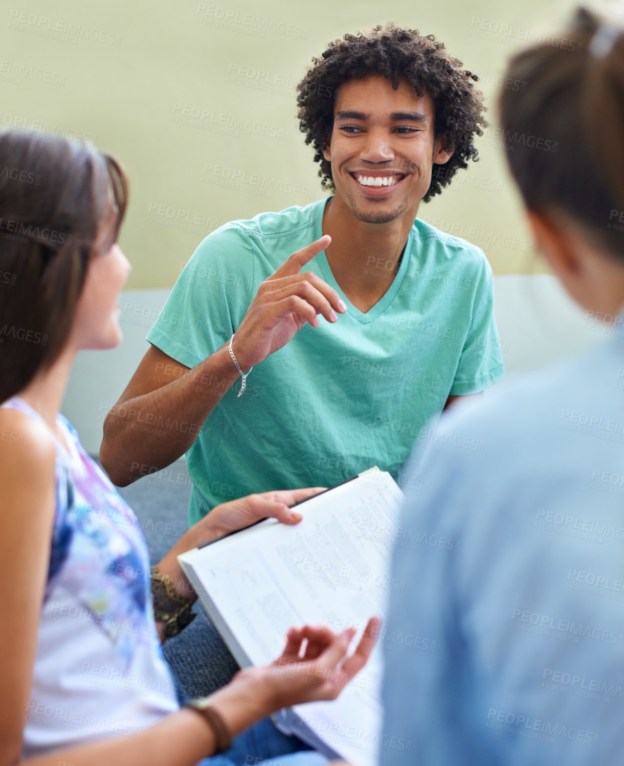 Buy stock photo Students, studying and planning for education, learning and discussion of knowledge and group project. Young people or friends with questions, problem solving and reading books for collaboration