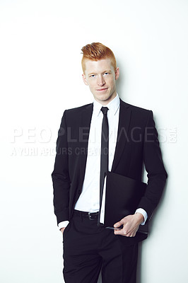 Buy stock photo Portrait, business and a man in studio with a file for corporate career and legal advice. Fashion, lawyer and professional male person isolated on a white background with pride and formal clothes