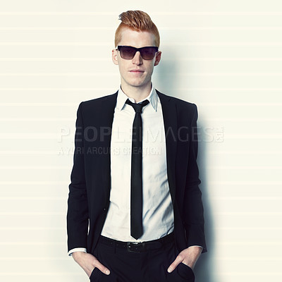 Buy stock photo Fashion, suit and portrait of a man in a studio with sunglasses and a stylish formal outfit.Young, cool and handsome male model with elegant trendy style and confidence isolated by a white background