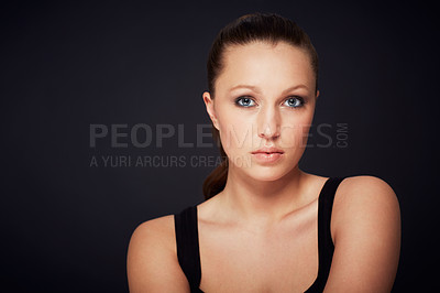 Buy stock photo Makeup, portrait or woman in studio for beauty, shine or wellness treatment on black background. Cosmetic, mockup or face of female model with glowing skin confidence, space or dermatology results