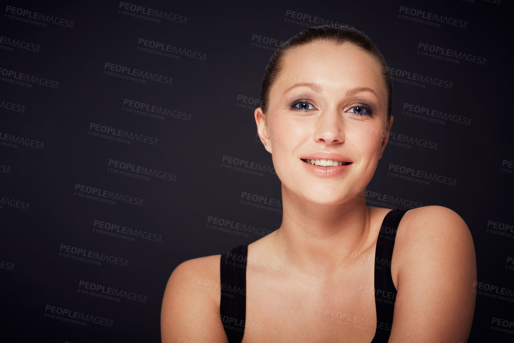 Buy stock photo Makeup, portrait or happy woman in studio for beauty, shine or wellness treatment on black background. Cosmetic, beauty or lady model face with glowing skin confidence, glamour or result satisfaction