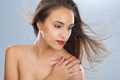 Buy stock photo Woman, face and beauty in skincare with red lipstick for makeup or cosmetics on a gray studio background. Female person or model with manicure in haircare, cosmetology or dermatology at salon or spa