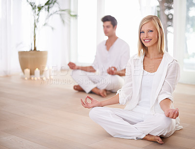 Buy stock photo Yoga, meditation and portrait of couple in lotus pose for zen wellness, mindfulness and training in home. Mental health, peace and man and woman on floor for mediation, holistic healing and yogi