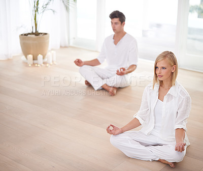 Buy stock photo Lotus hands, meditation and people on a floor for peace, zen and mental health, wellness or balance. Mindfulness, relax and couple with holistic, breathing or energy exercise for spiritual awareness