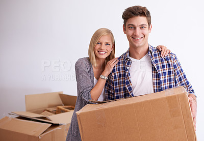 Buy stock photo Couple, moving and new home with box for packing, happy with real estate and support with smile in portrait. Property, investment and  people with cardboard package for relocation, mortgage or rent