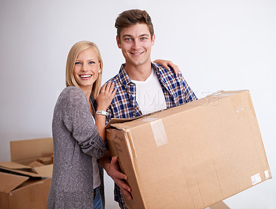 Buy stock photo Couple, moving and new house with box for packing, happy with real estate and support in portrait and smile. Property, investment and people with cardboard package for relocation, mortgage or rent