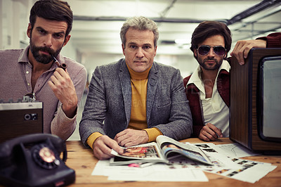 Buy stock photo Group, men and meeting for fashion magazine company with retro planning in office. Vintage, style and colleagues planning journalist design and media production with publishing agency teamwork